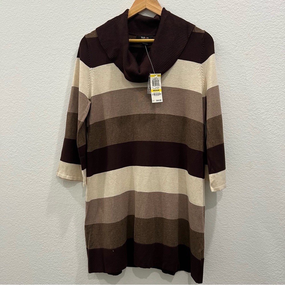 Style & Co Macy’s Women's Long Sleeve Sweater Dress, Brown Beige Stripes, Size M